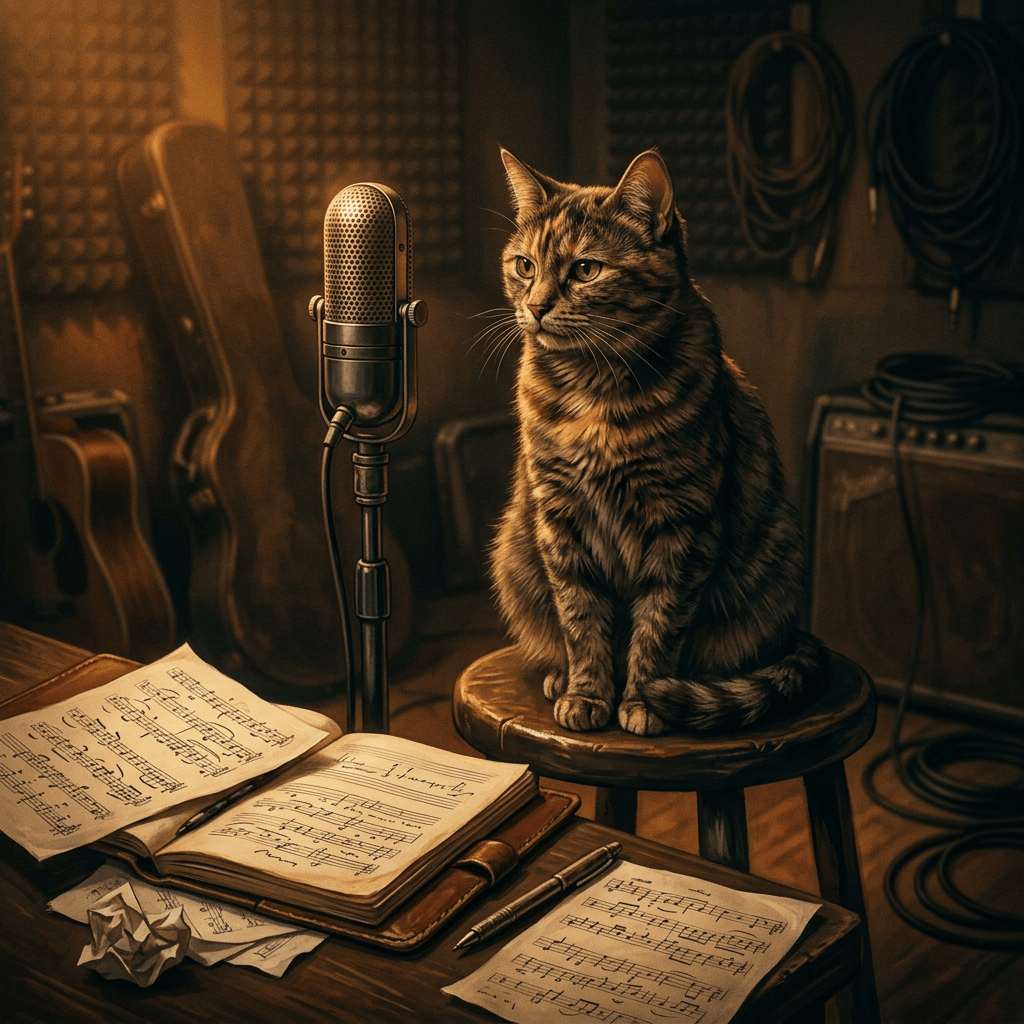 Tabby cat seated beside vintage microphone and sheet music