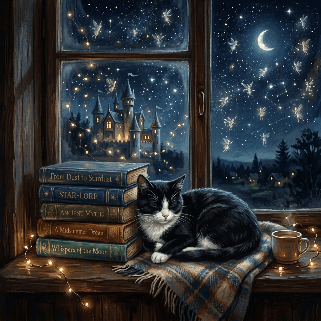 Tabby cat beside books labeled “STAR-LORE,” “ANCIENT MYTHS,” “A Midsummer Dream,” “Lost Tales,” and “Whispers of the Moon,” with a castle, stars, and crescent moon outside.